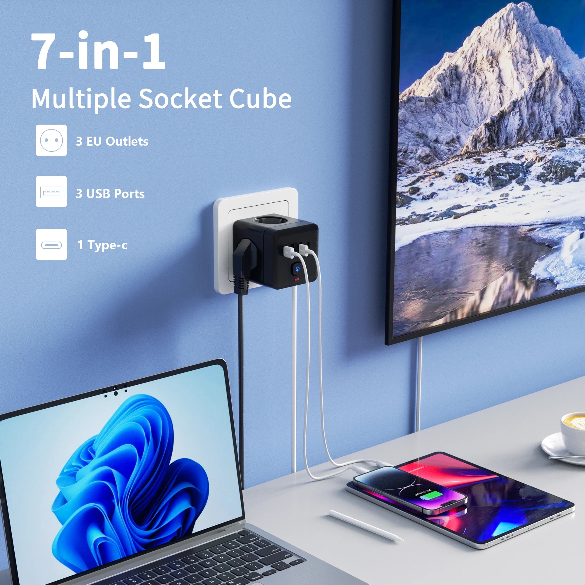 Multiprise Cube 7 en 1 – USB, Type-C & Sécurité