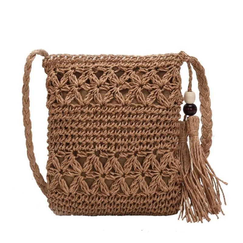 Mini Bandoulière en Osier Boho avec Pompom