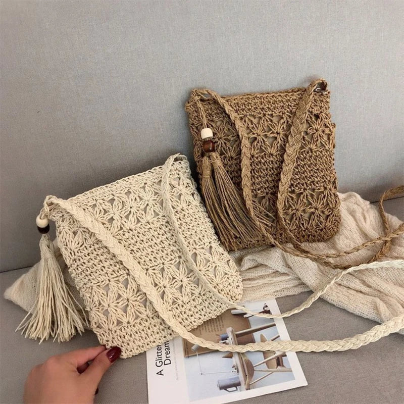 Mini Bandoulière en Osier Boho avec Pompom