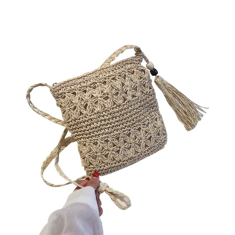 Mini Bandoulière en Osier Boho avec Pompom