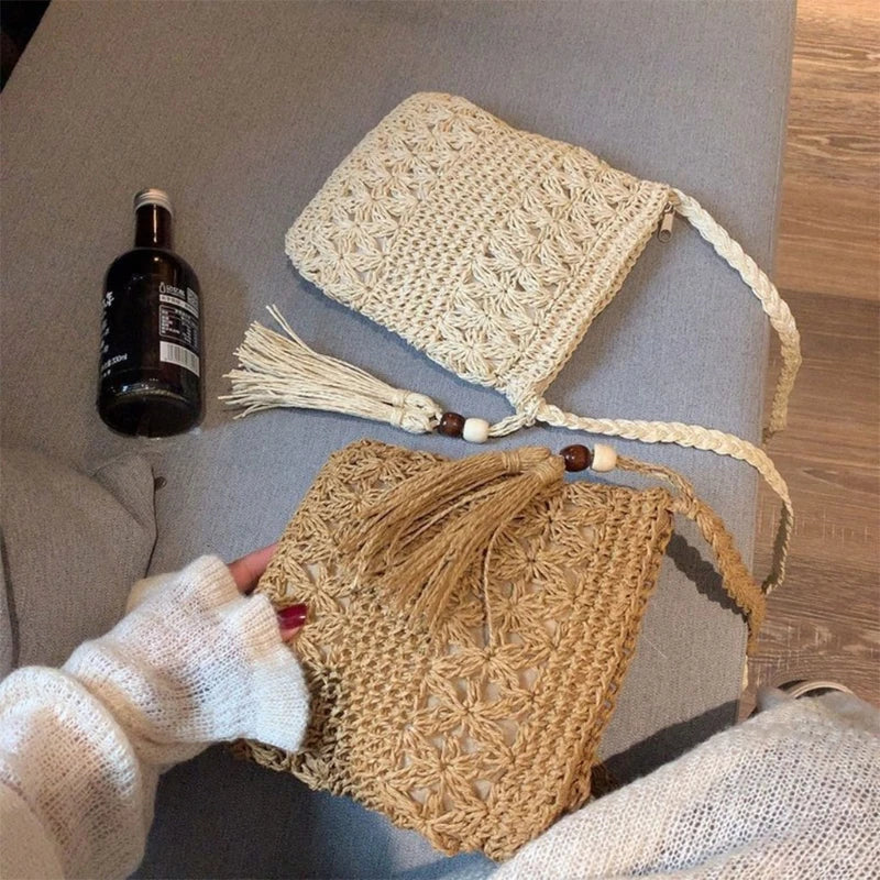 Mini Bandoulière en Osier Boho avec Pompom