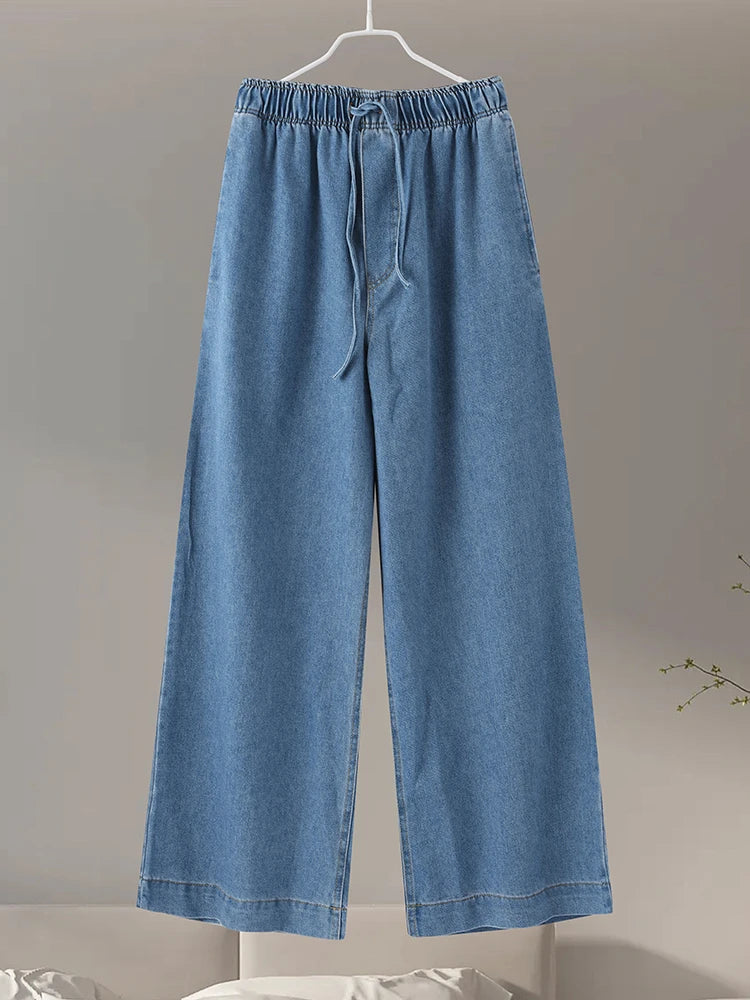 Ensemble 2PCS en Denim - Blouse manches 3/4 & Pantalon large élastique