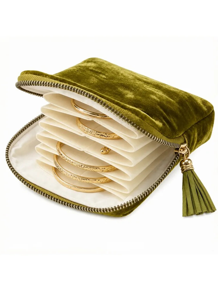 Pochette de Rangement pour Bijoux en Velours à Fermeture Éclair – Organisateur de Voyage à Compartiments