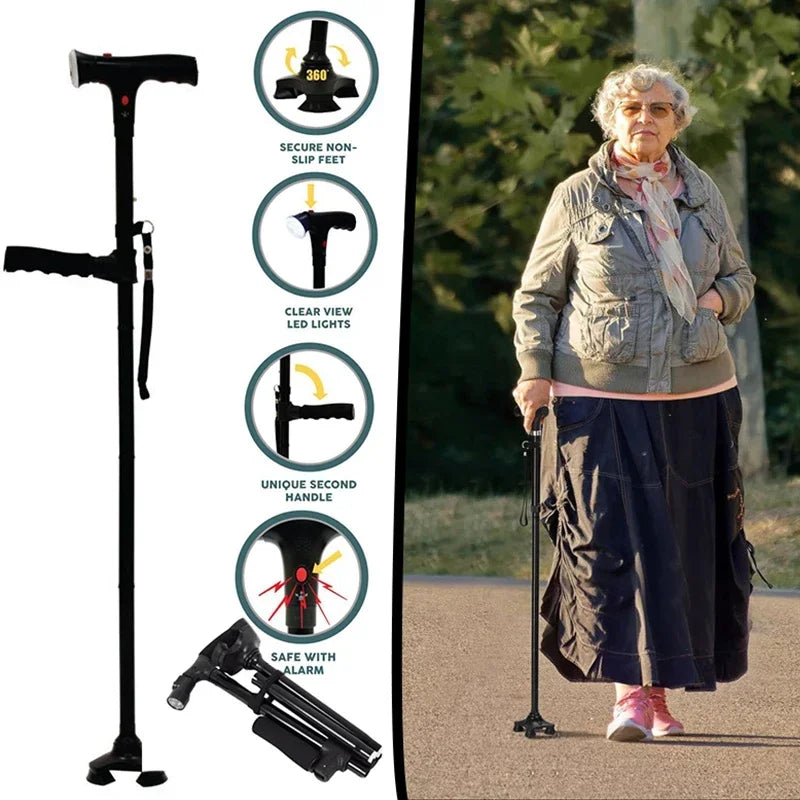 Canne de Marche Pliable avec Lampe LED, Alarme et Poignée Double
