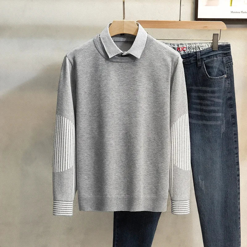 Pull 2 en 1 avec Chemise à Rayures et Détails Manches - Homme