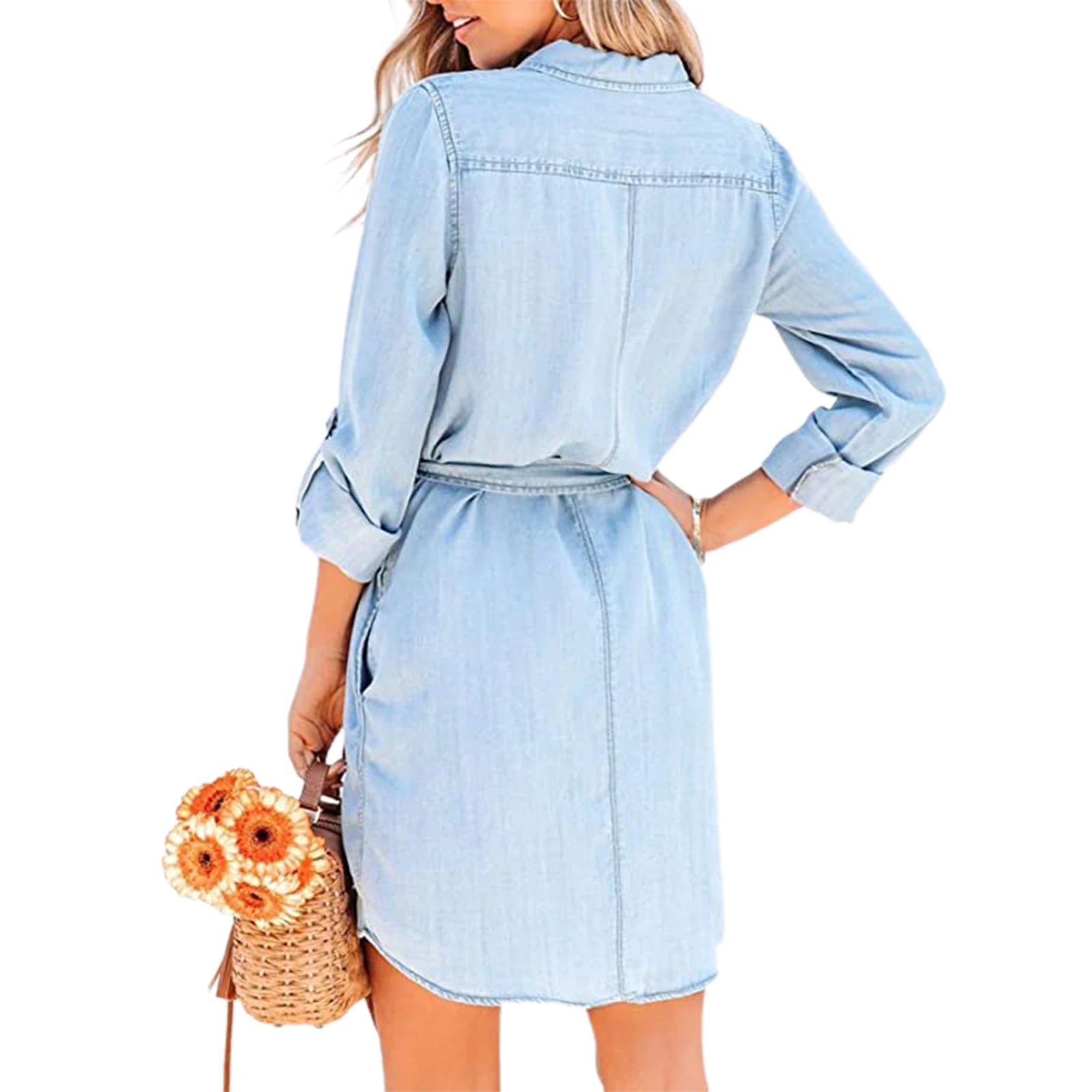 Robe courte en denim à manches longues et ceinture