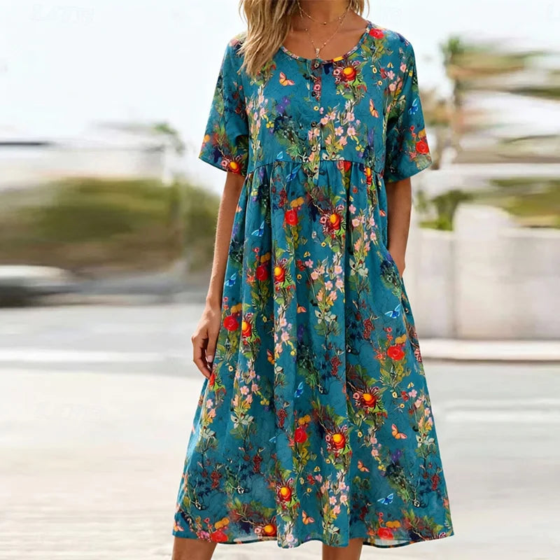 Robe midi décontractée grande taille à imprimé — col rond, manches courtes, poches pratiques