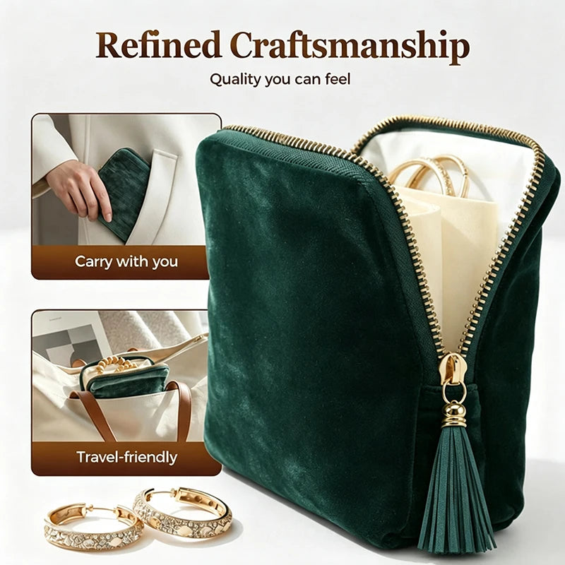 Pochette de Rangement pour Bijoux en Velours à Fermeture Éclair – Organisateur de Voyage à Compartiments