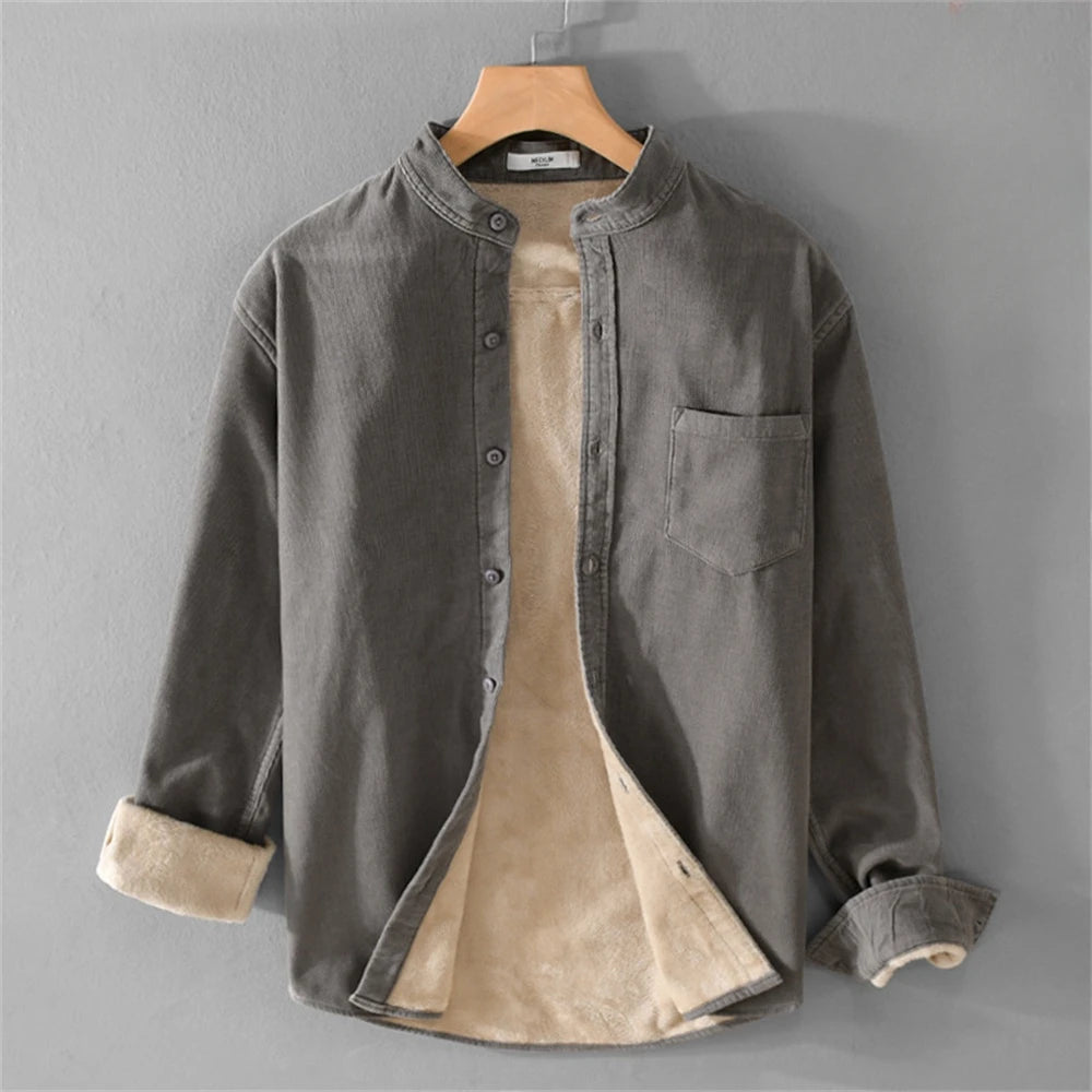 Chemise en Velours Côtelé à Col Mao & Doublure Polaire