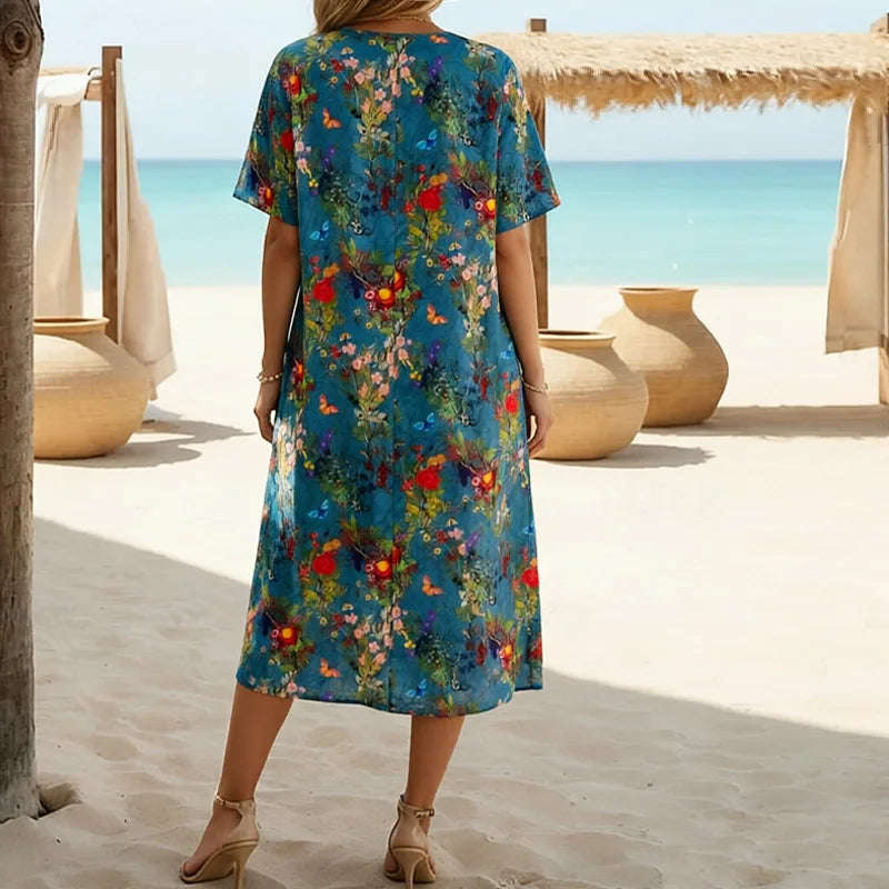 Robe midi décontractée grande taille à imprimé — col rond, manches courtes, poches pratiques