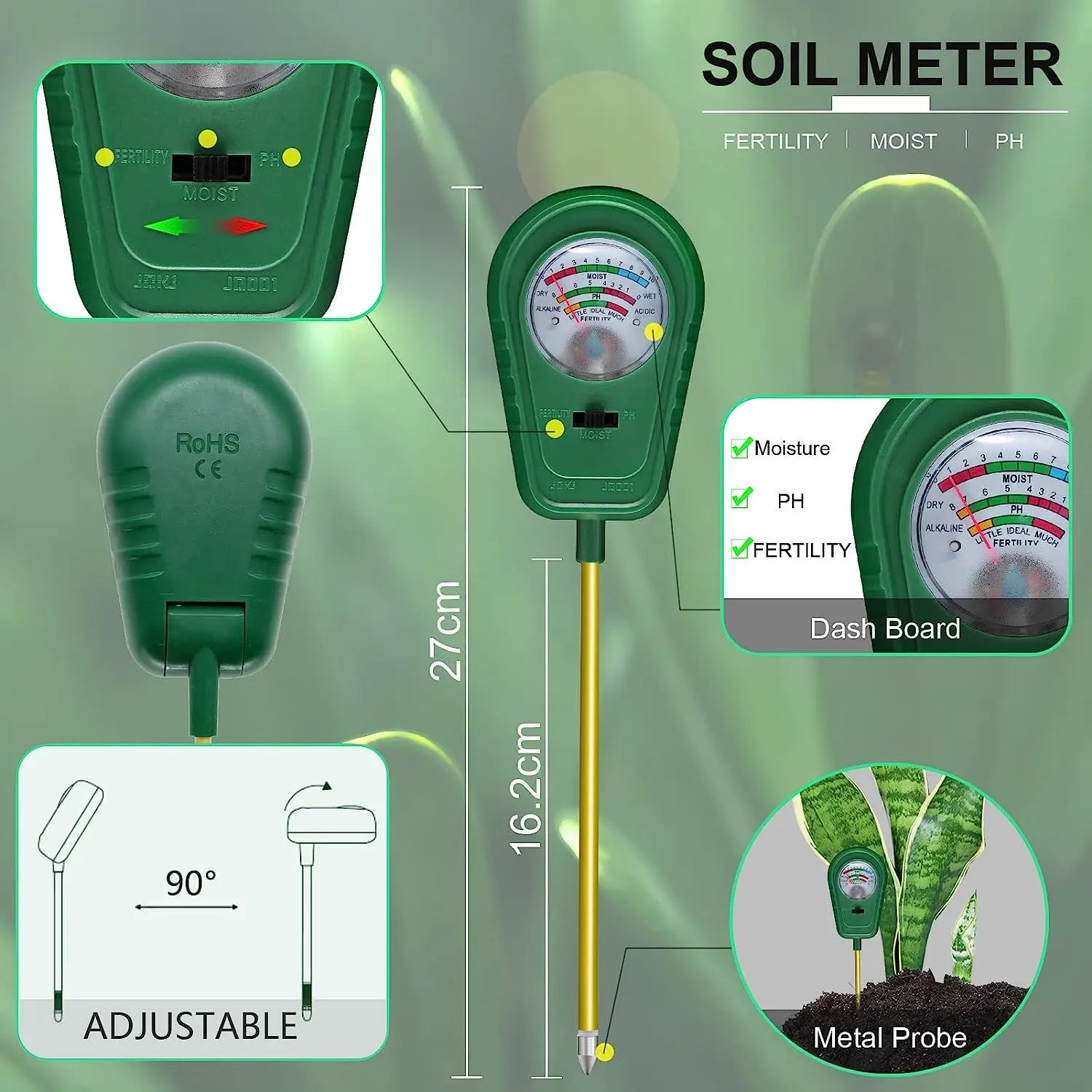 Testeur de Sol 3-en-1 – Mesure de l'Humidité, du pH et de la Fertilité pour Jardin, Plantes et Potager