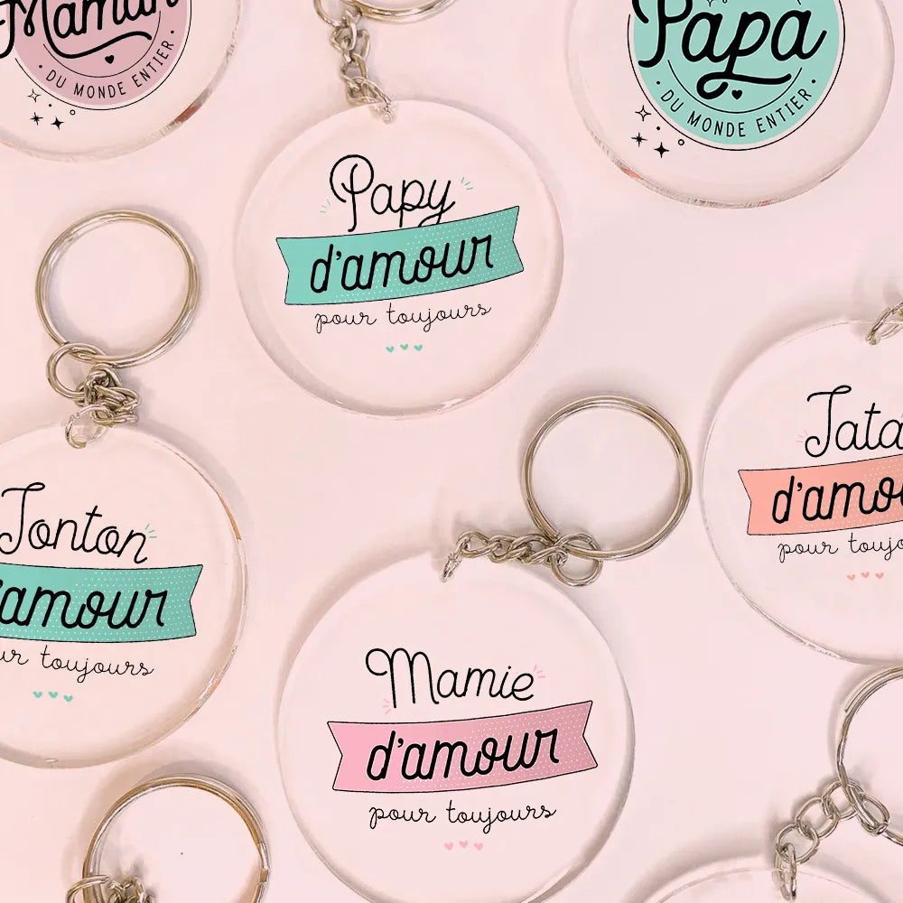 Idée cadeau - Porte-clé acrylique personnalisé papa, maman, tonton, mamie...