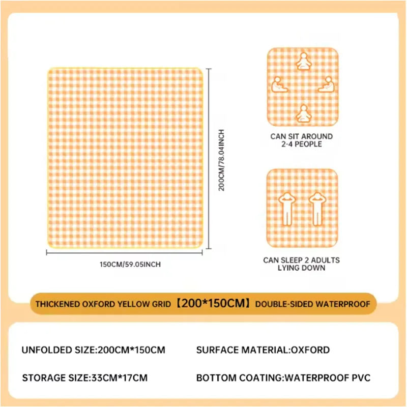 Tapis de Camping et Pique-Nique Vichy Jaune Pliable – Compacte, Imperméable et Facile à Transporter