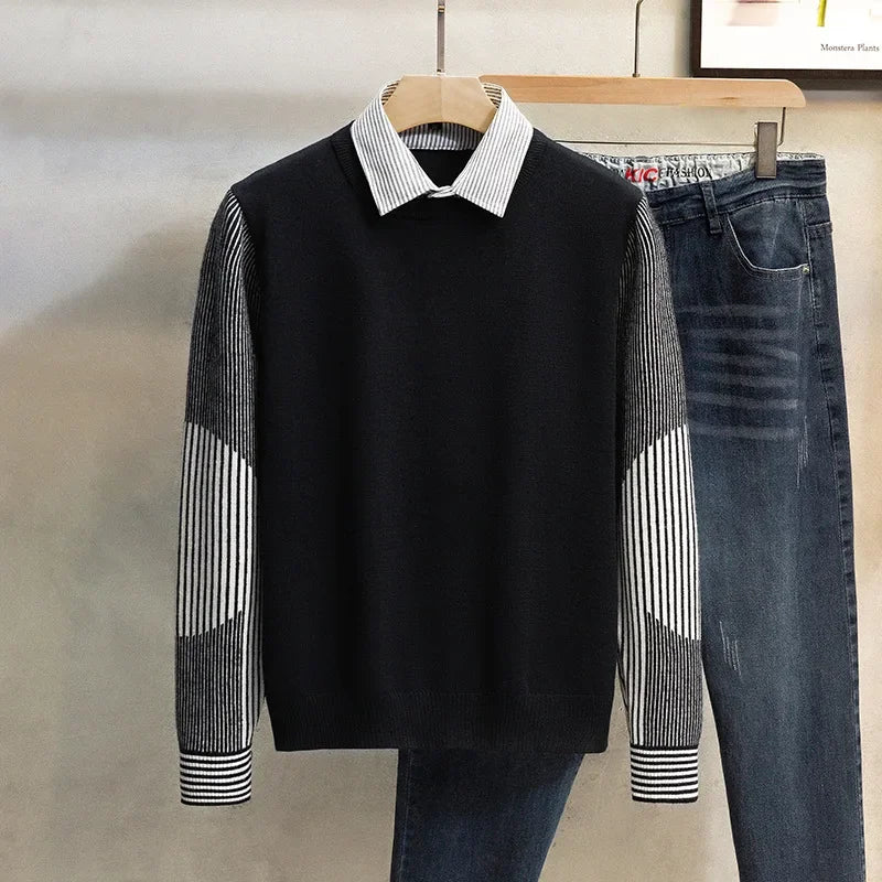 Pull 2 en 1 avec Chemise à Rayures et Détails Manches - Homme
