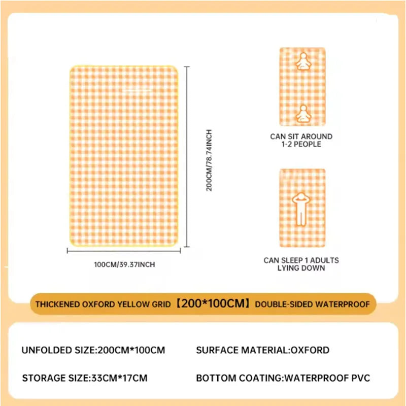 Tapis de Camping et Pique-Nique Vichy Jaune Pliable – Compacte, Imperméable et Facile à Transporter
