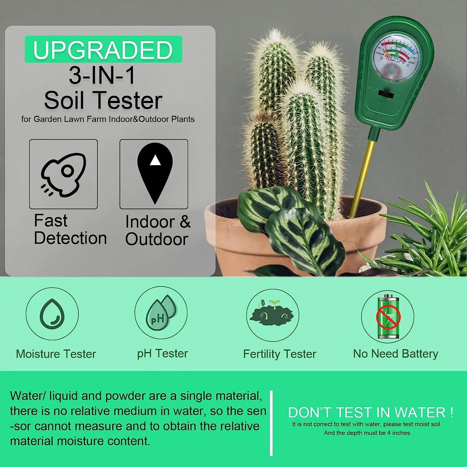 Testeur de Sol 3-en-1 – Mesure de l'Humidité, du pH et de la Fertilité pour Jardin, Plantes et Potager