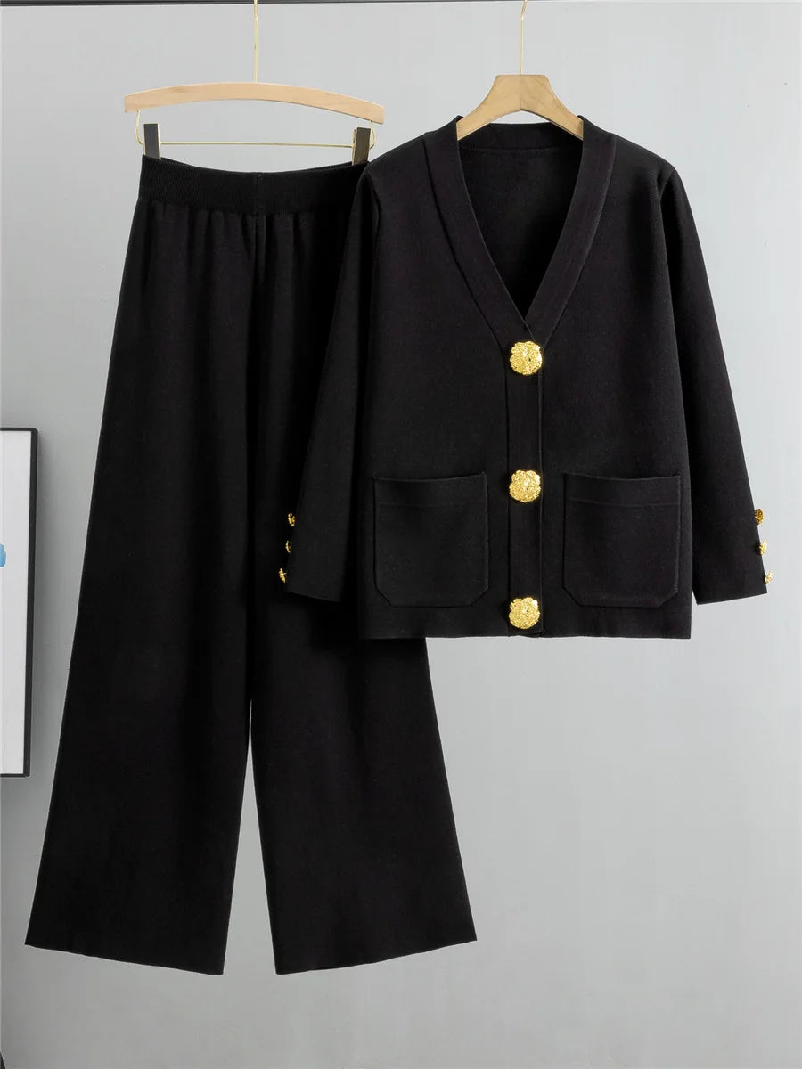 Ensemble en tricot Cardigan à larges Boutons doré & Pantalon ample