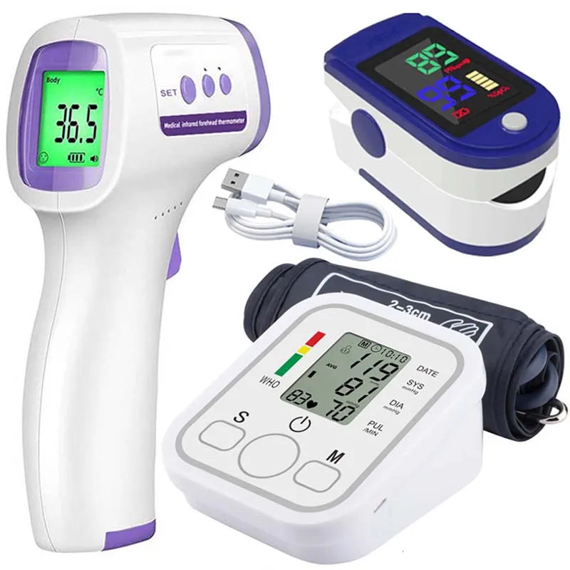 Pack de 3 Appareils de Surveillance Santé à Domicile – Thermomètre, Tensiomètre Bras et Oxymètre de Pouls