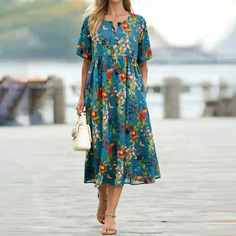 Robe midi décontractée grande taille à imprimé — col rond, manches courtes, poches pratiques