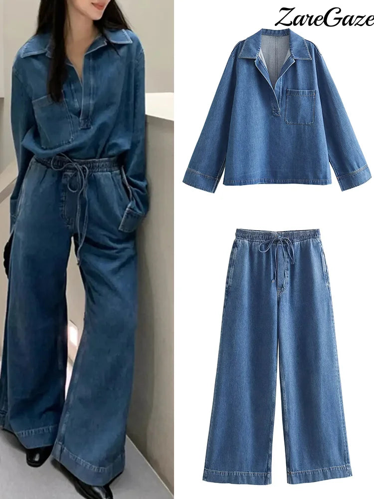 Ensemble 2PCS en Denim - Blouse manches 3/4 & Pantalon large élastique
