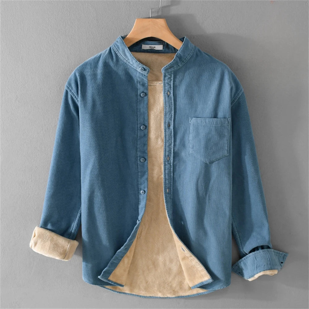 Chemise en Velours Côtelé à Col Mao & Doublure Polaire