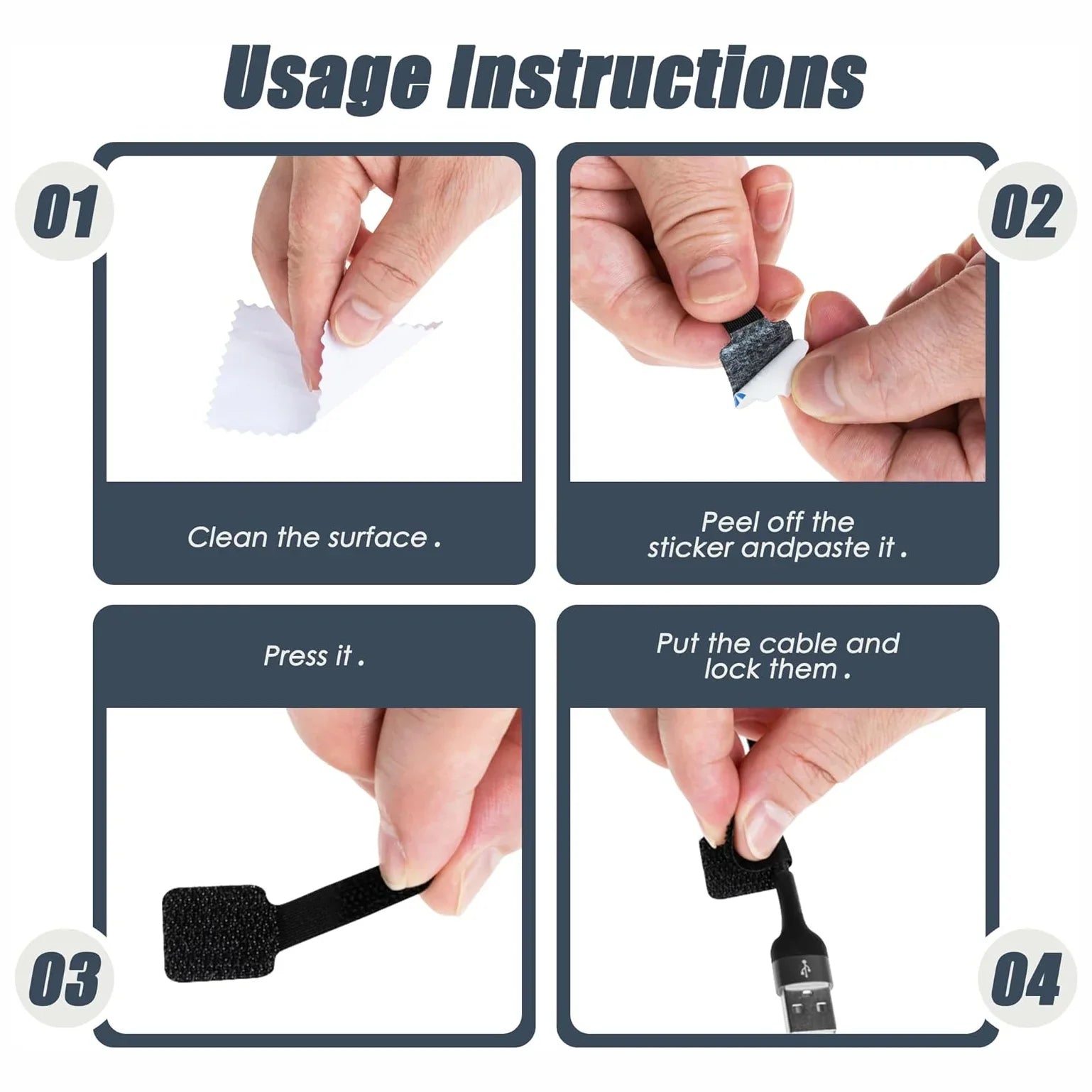 100x Attache de câble auto-adhésive - Scratch Réutilisable
