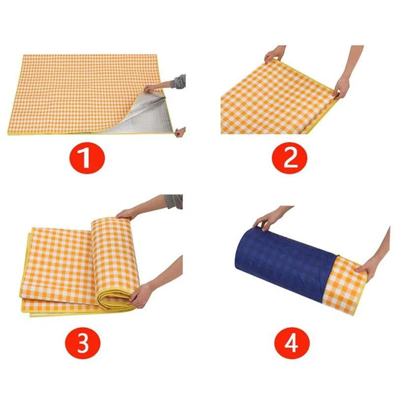 Tapis de Camping et Pique-Nique Vichy Jaune Pliable – Compacte, Imperméable et Facile à Transporter