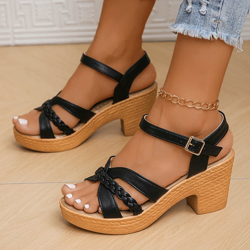Sandales Femme Tressées à Talon Haut Été
