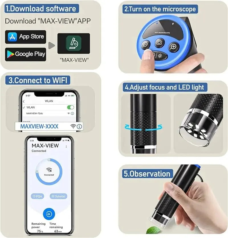 Microscope Numérique HD Sans Fil 50X-1000X WiFi