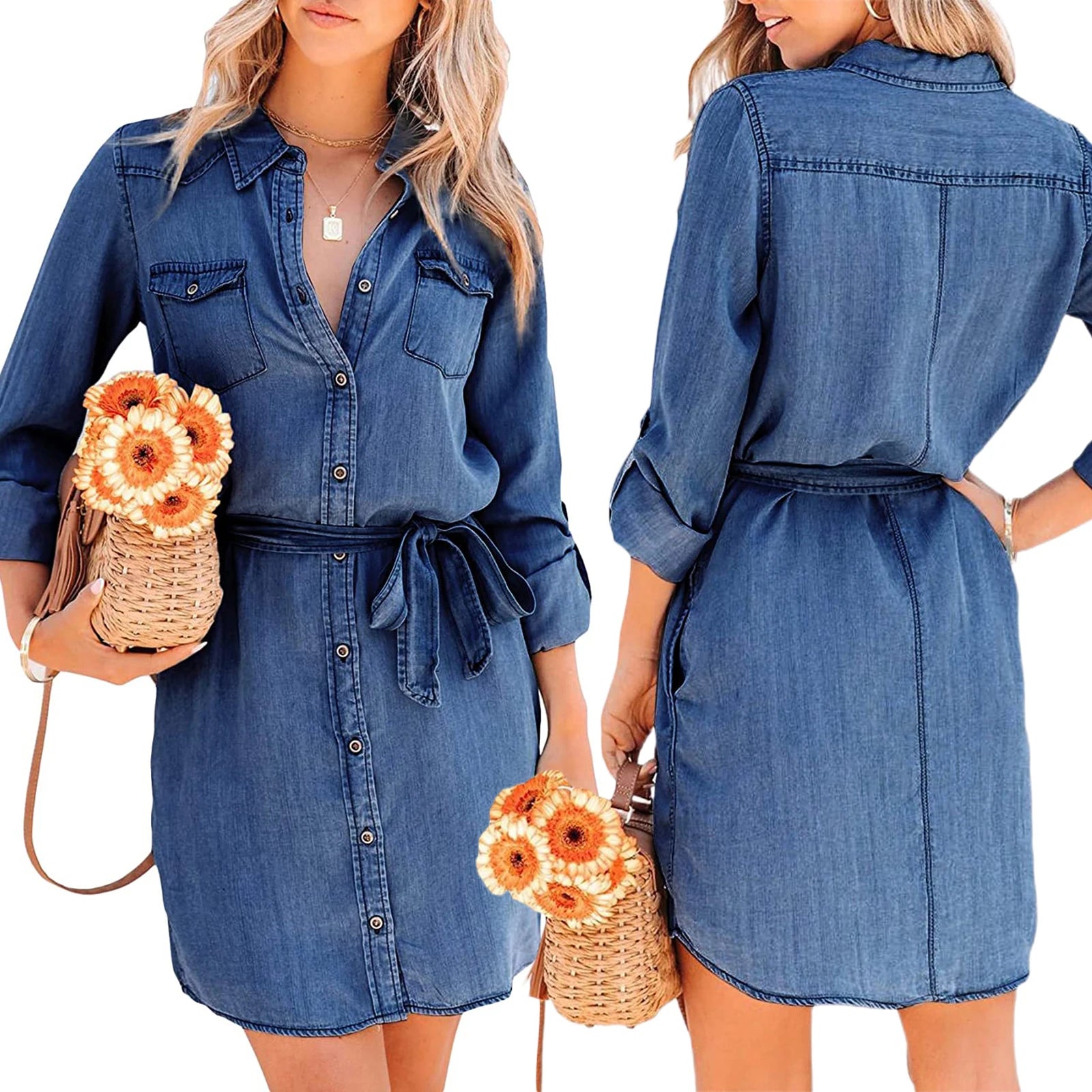 Robe courte en denim à manches longues et ceinture