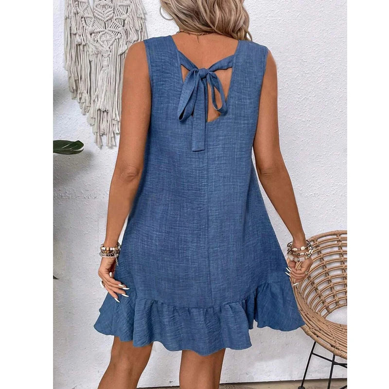 Robe Courte à Volant avec Dos Nu à Noeud