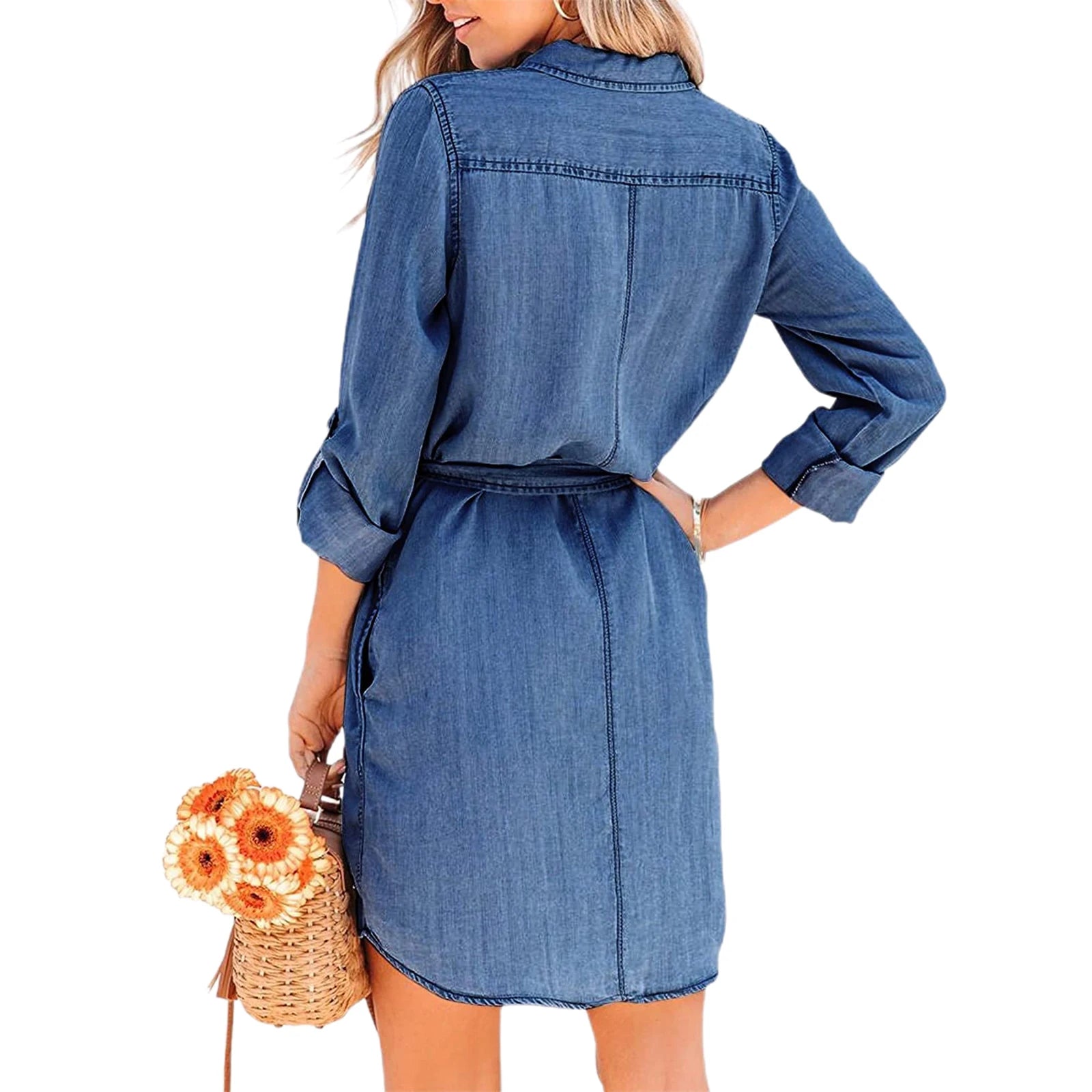 Robe courte en denim à manches longues et ceinture