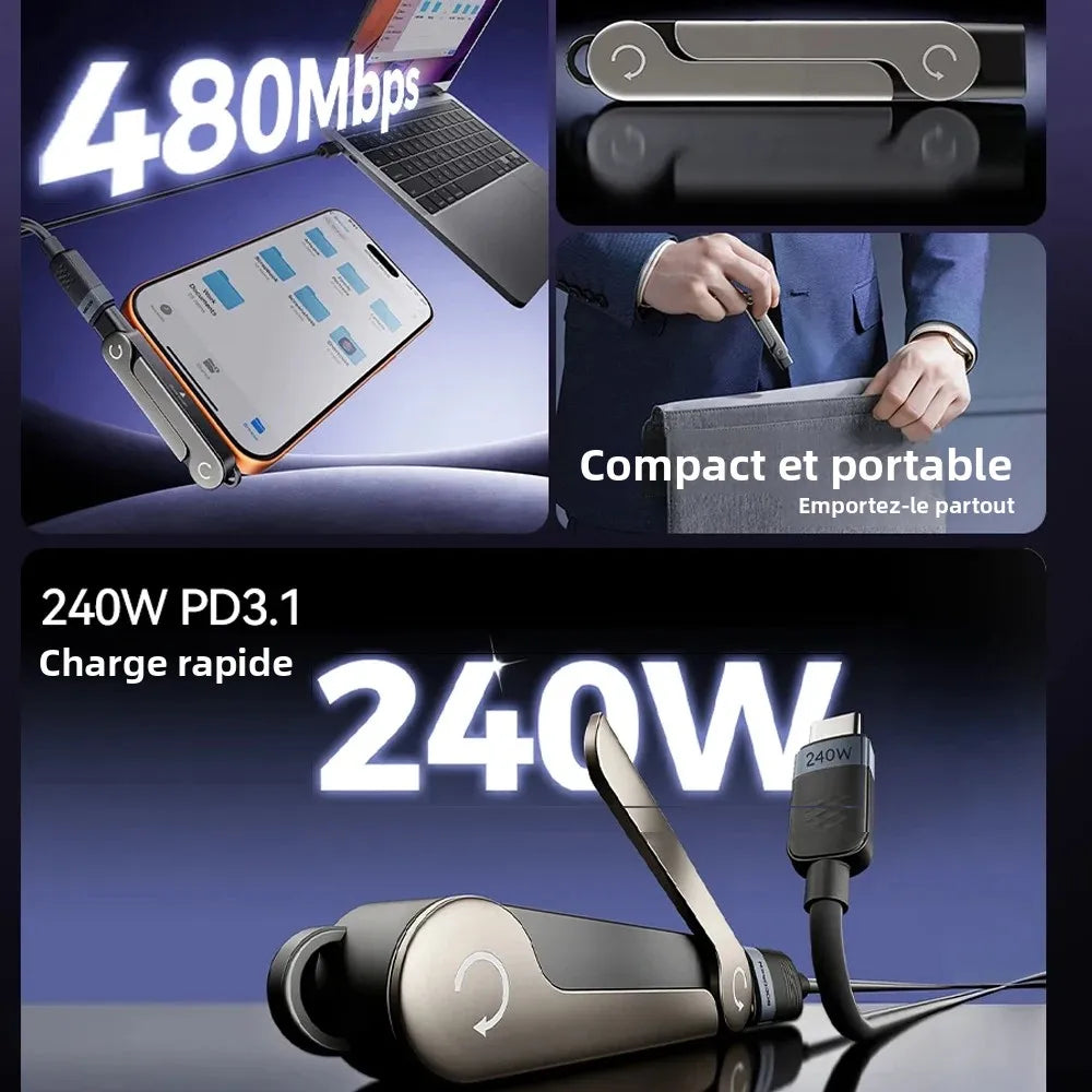 Câble USB-C Plat 240W Charge Rapide – Support Téléphone Invisible et Pliable