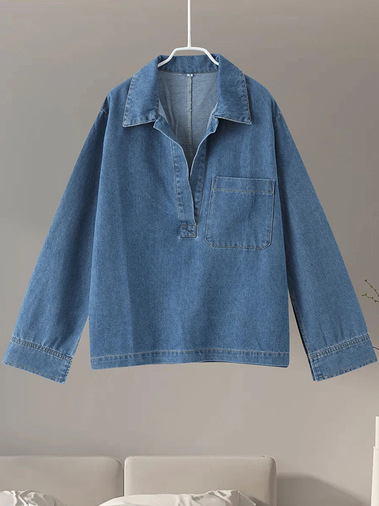 Ensemble 2PCS en Denim - Blouse manches 3/4 & Pantalon large élastique