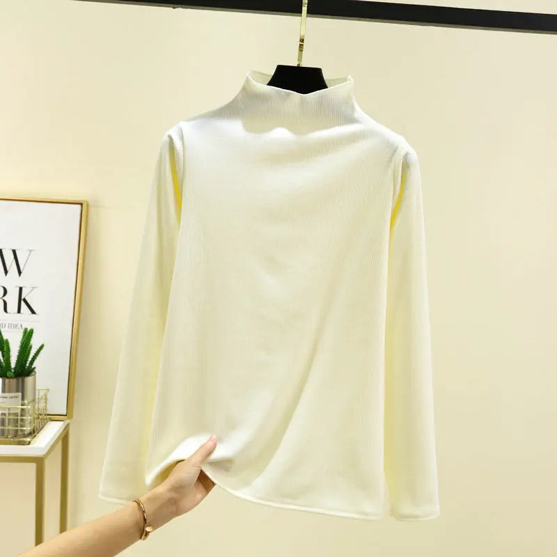 T-Shirt Manche Longue à Col Cheminé Côtelé - Femme