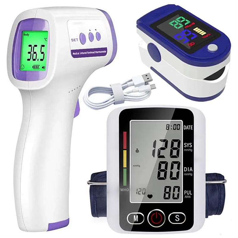 Pack de 3 Appareils de Surveillance Santé à Domicile – Thermomètre, Tensiomètre Bras et Oxymètre de Pouls