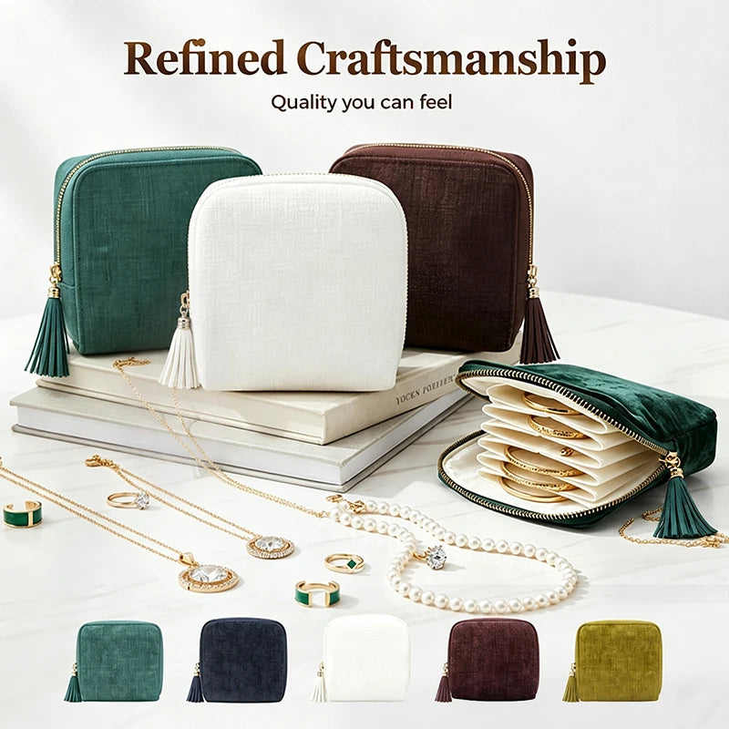 Pochette de Rangement pour Bijoux en Velours à Fermeture Éclair – Organisateur de Voyage à Compartiments