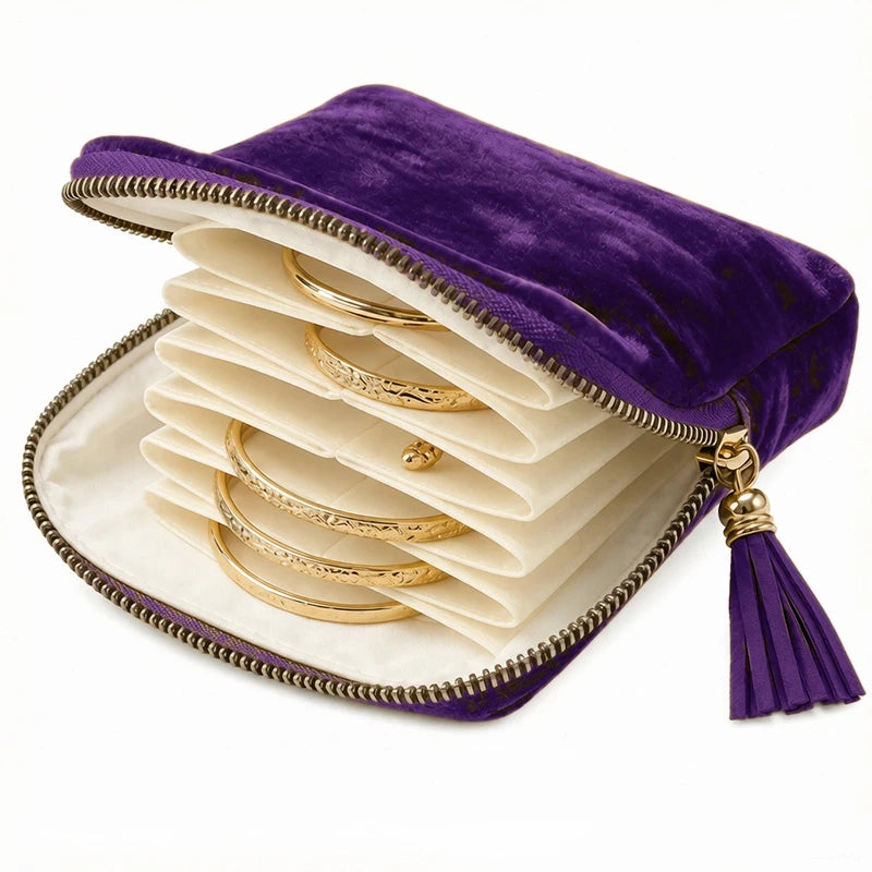 Pochette de Rangement pour Bijoux en Velours à Fermeture Éclair – Organisateur de Voyage à Compartiments