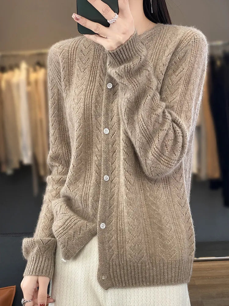 Cardigan tricot en laine à col rond pour femmes