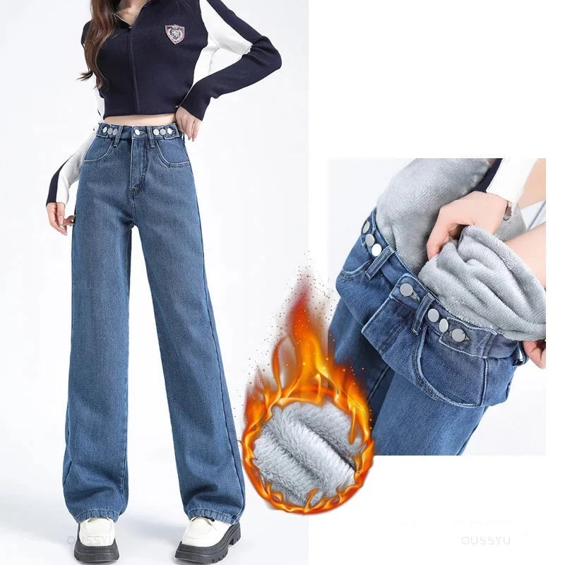 Jeans Thermiques Chauds et Épais Jambes Larges pour Femme