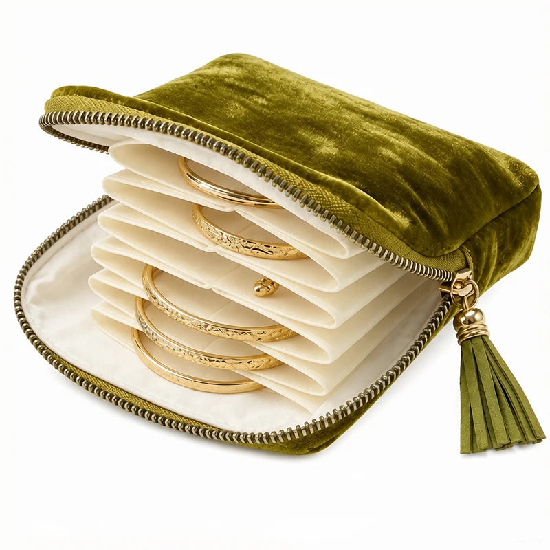 Pochette de Rangement pour Bijoux en Velours à Fermeture Éclair – Organisateur de Voyage à Compartiments