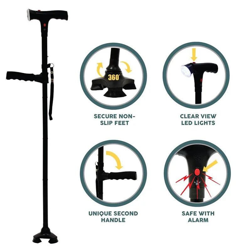 Canne de Marche Pliable avec Lampe LED, Alarme et Poignée Double