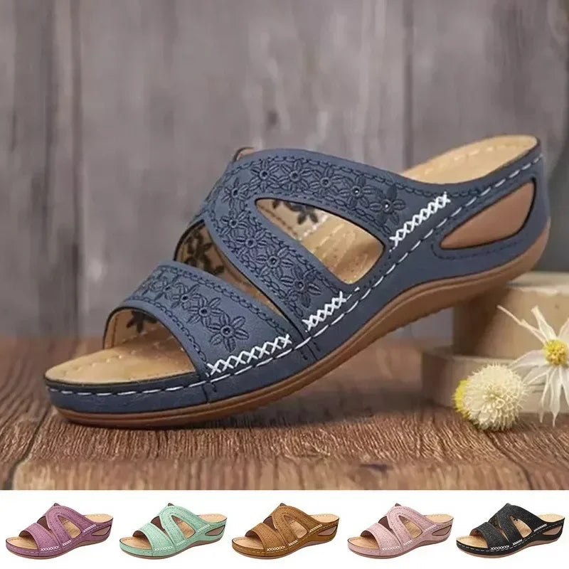Sandales Orthopédiques Compensées Femme avec Surpiqûres Florales