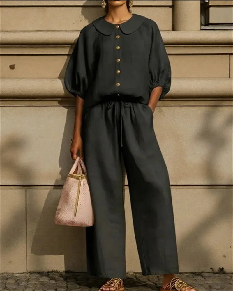 Ensemble 2PCS Chemise à Col Claudine & Pantalon Ample - Femme 2026