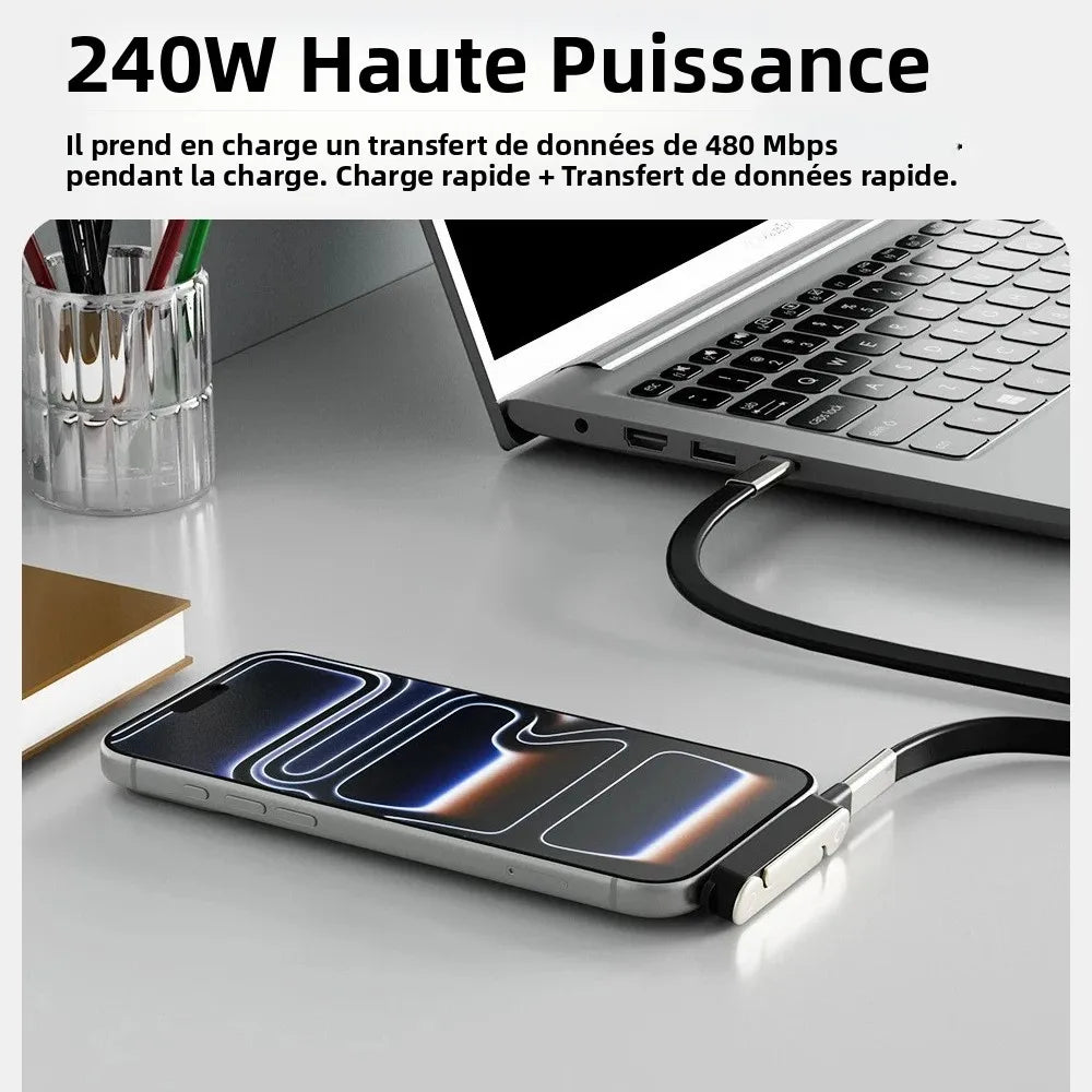 Câble USB-C Plat 240W Charge Rapide – Support Téléphone Invisible et Pliable