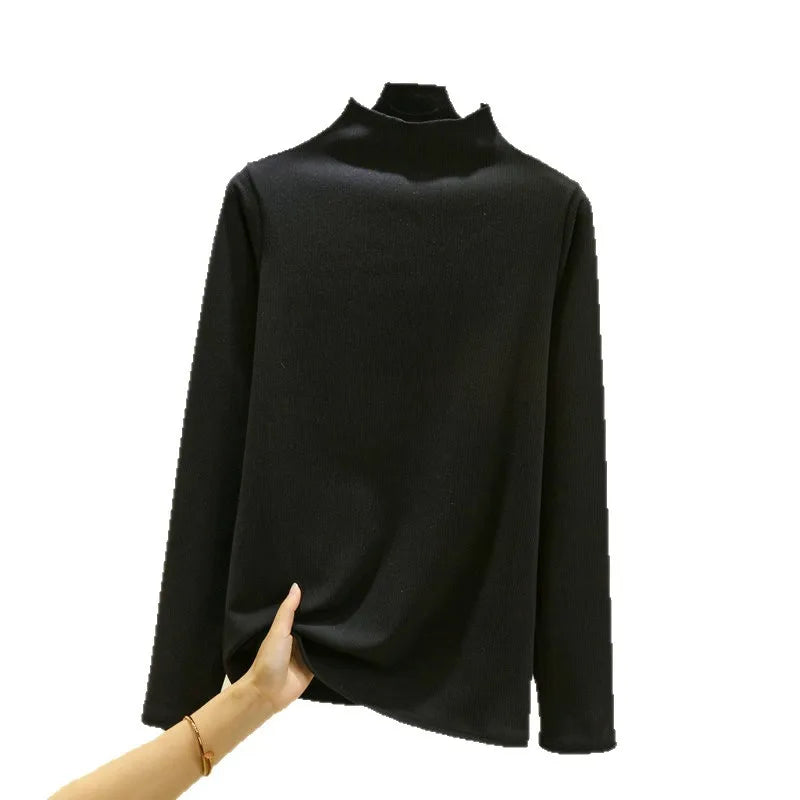T-Shirt Manche Longue à Col Cheminé Côtelé - Femme