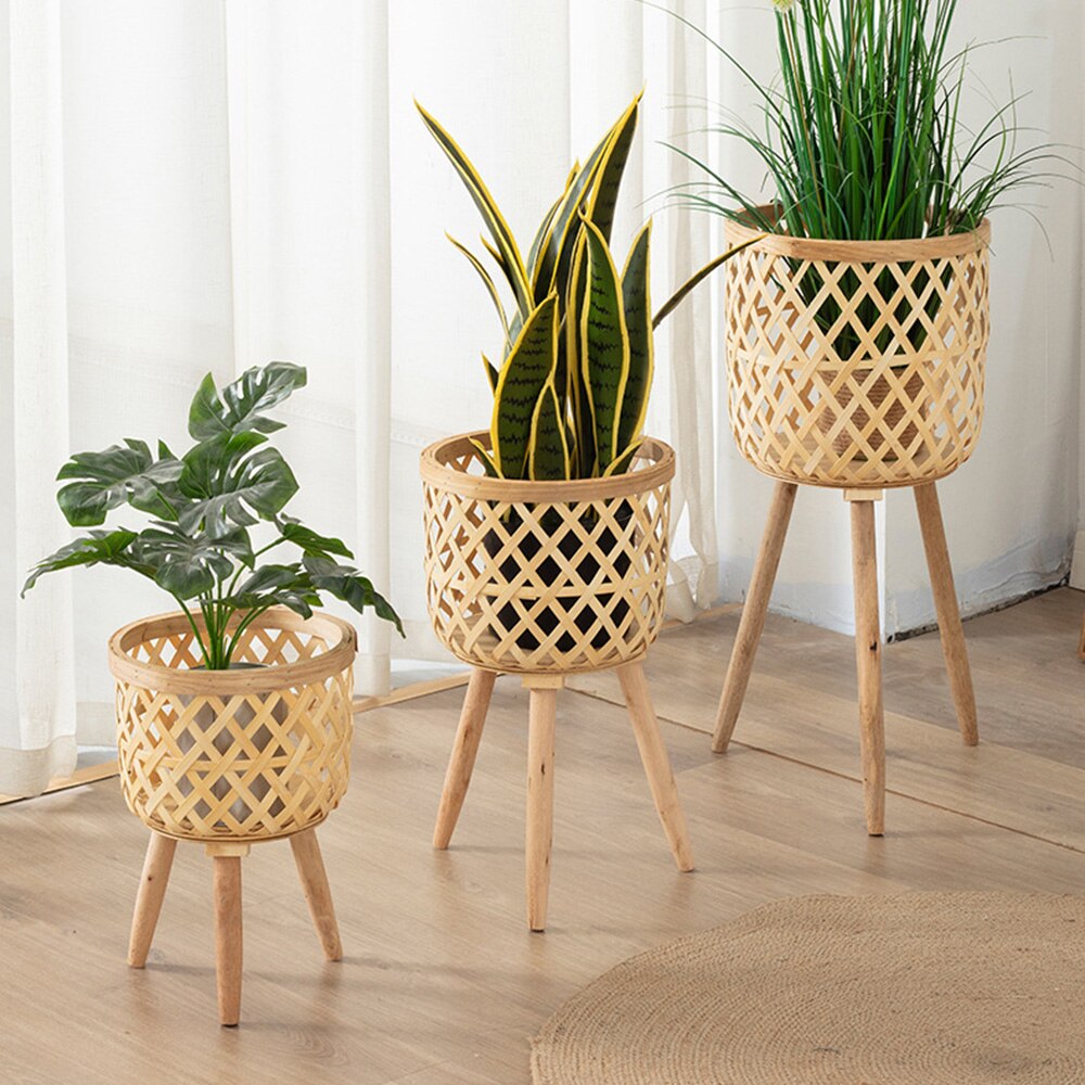 Pot de fleurs en bambou tissé