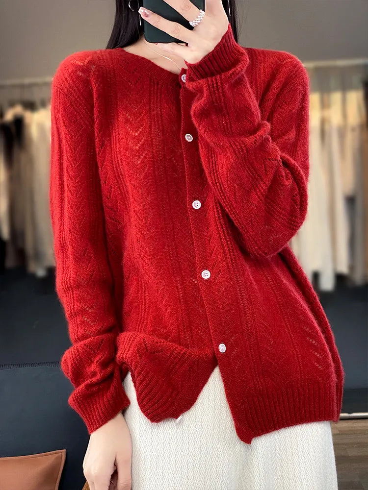 Cardigan tricot en laine à col rond pour femmes