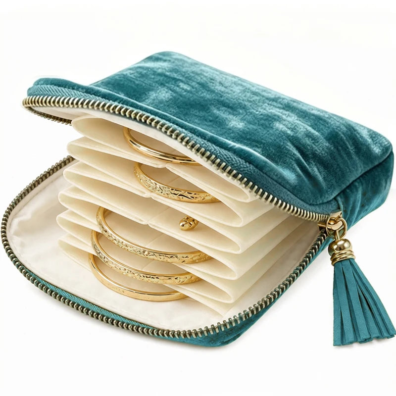 Pochette de Rangement pour Bijoux en Velours à Fermeture Éclair – Organisateur de Voyage à Compartiments