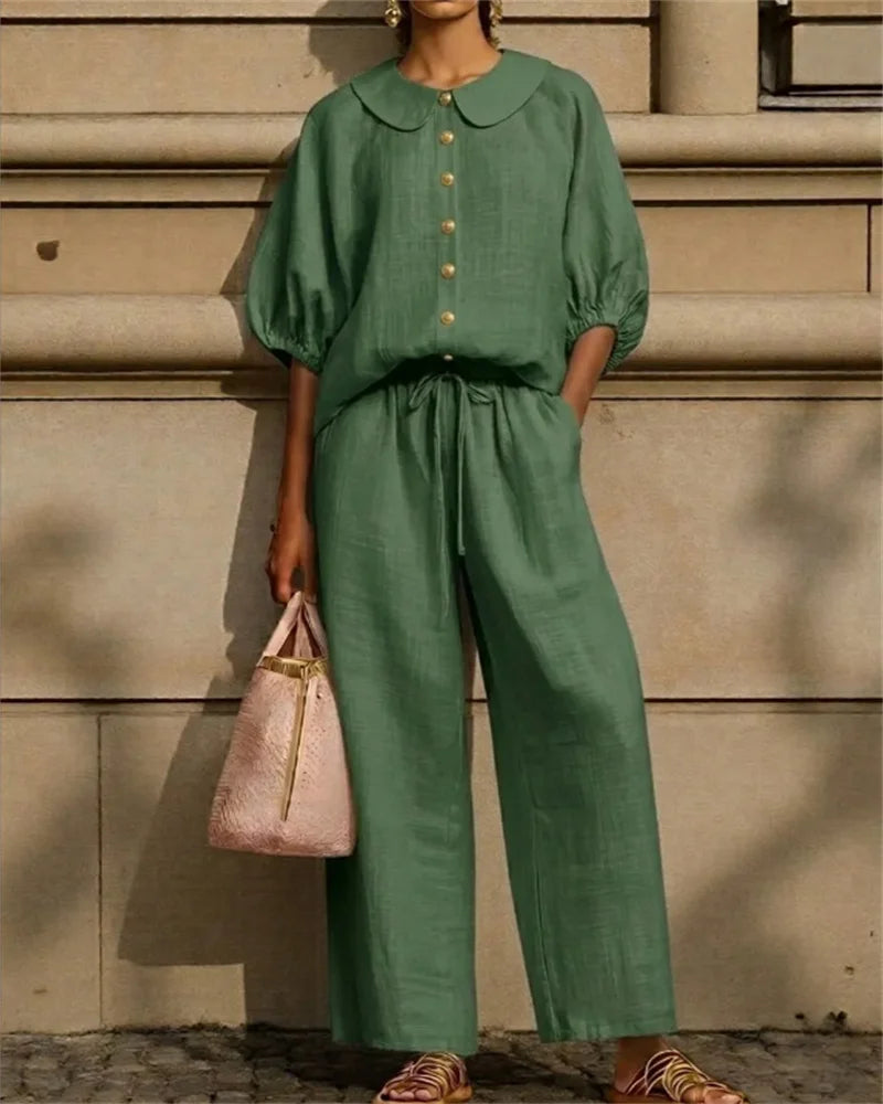 Ensemble 2PCS Chemise à Col Claudine & Pantalon Ample - Femme 2026